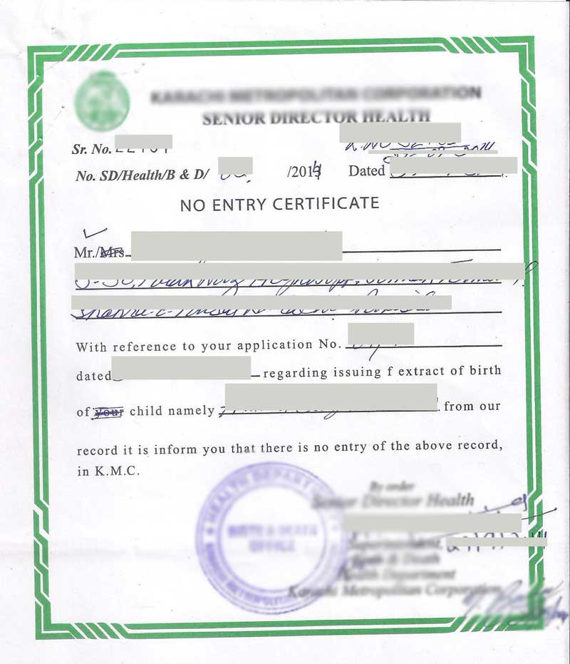Sample Format of No Entry of Birth Certificate Pakistan
