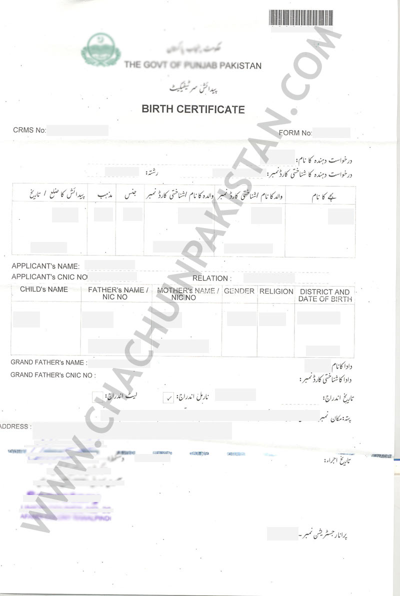 View Sample NADRA Birth Certificate Rawalpindi Punjab